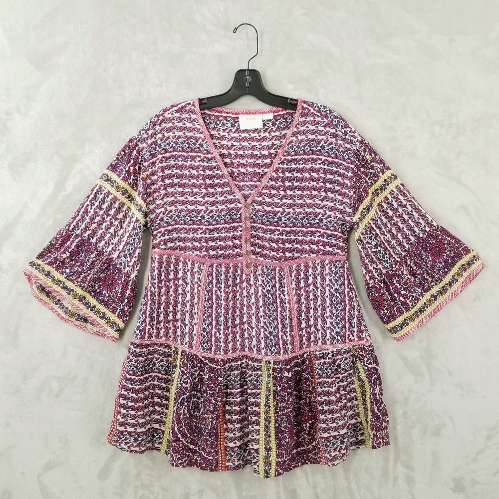 Maeve Anthropologie Lilyana Silk Tunic Top XS Purple Tiered Bell Sleeves Boho